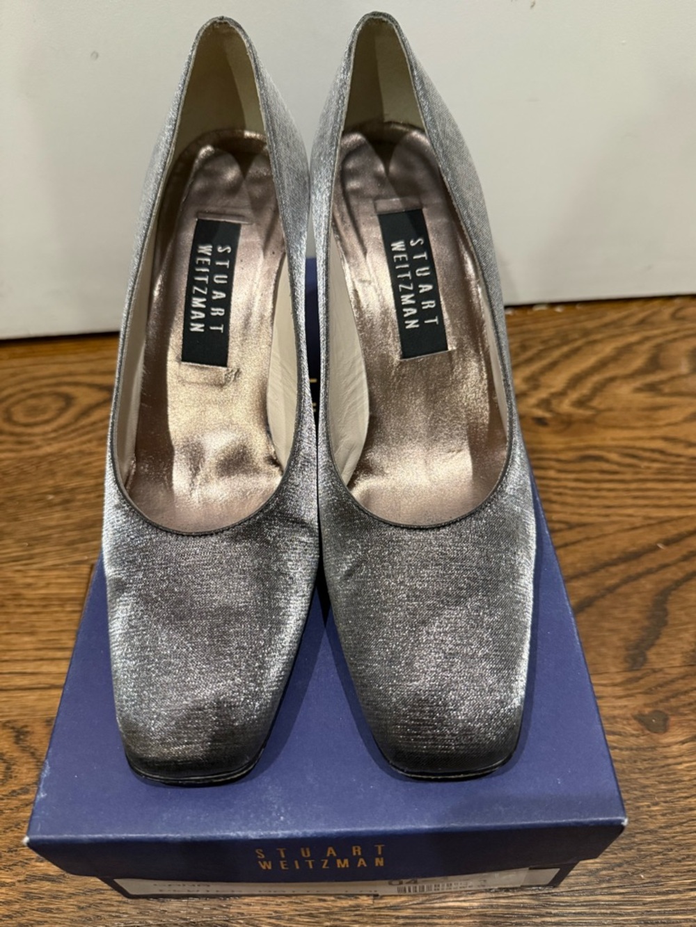 Stuart Weitzman Cana Pewter Square Toe Matte Shine Pumps 2.5” heel metallic